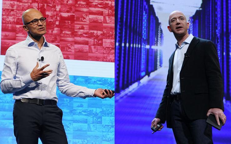 Microsoft CEO Satya Nadella (L) and Amazon CEO Jeff Bezos (R)